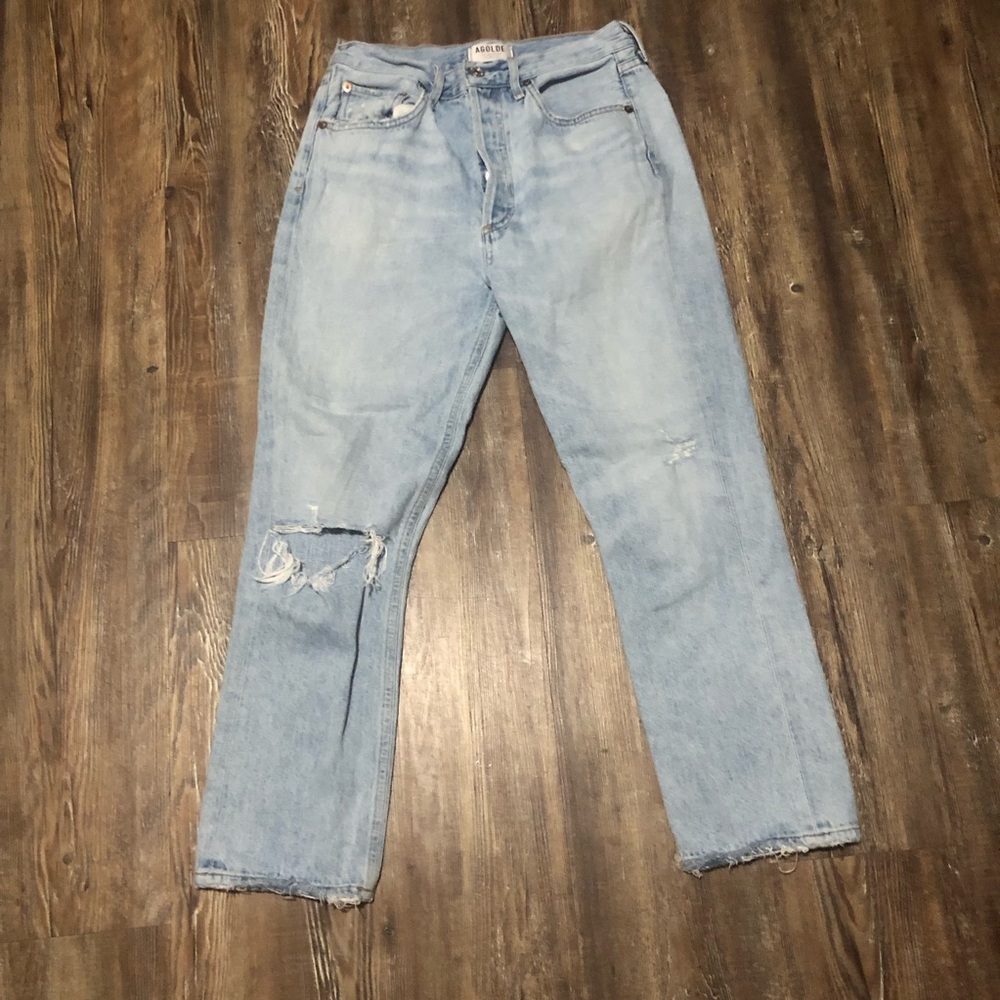 Agolde Riley Cropped Jeans Women's 27 Button Fly Distressed High Rise Denim
